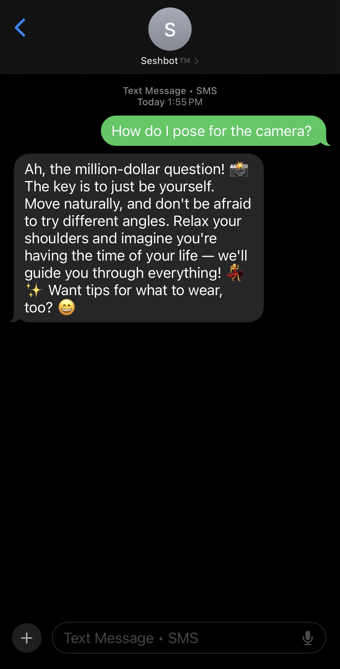 SeshBot message with gentle posing tips