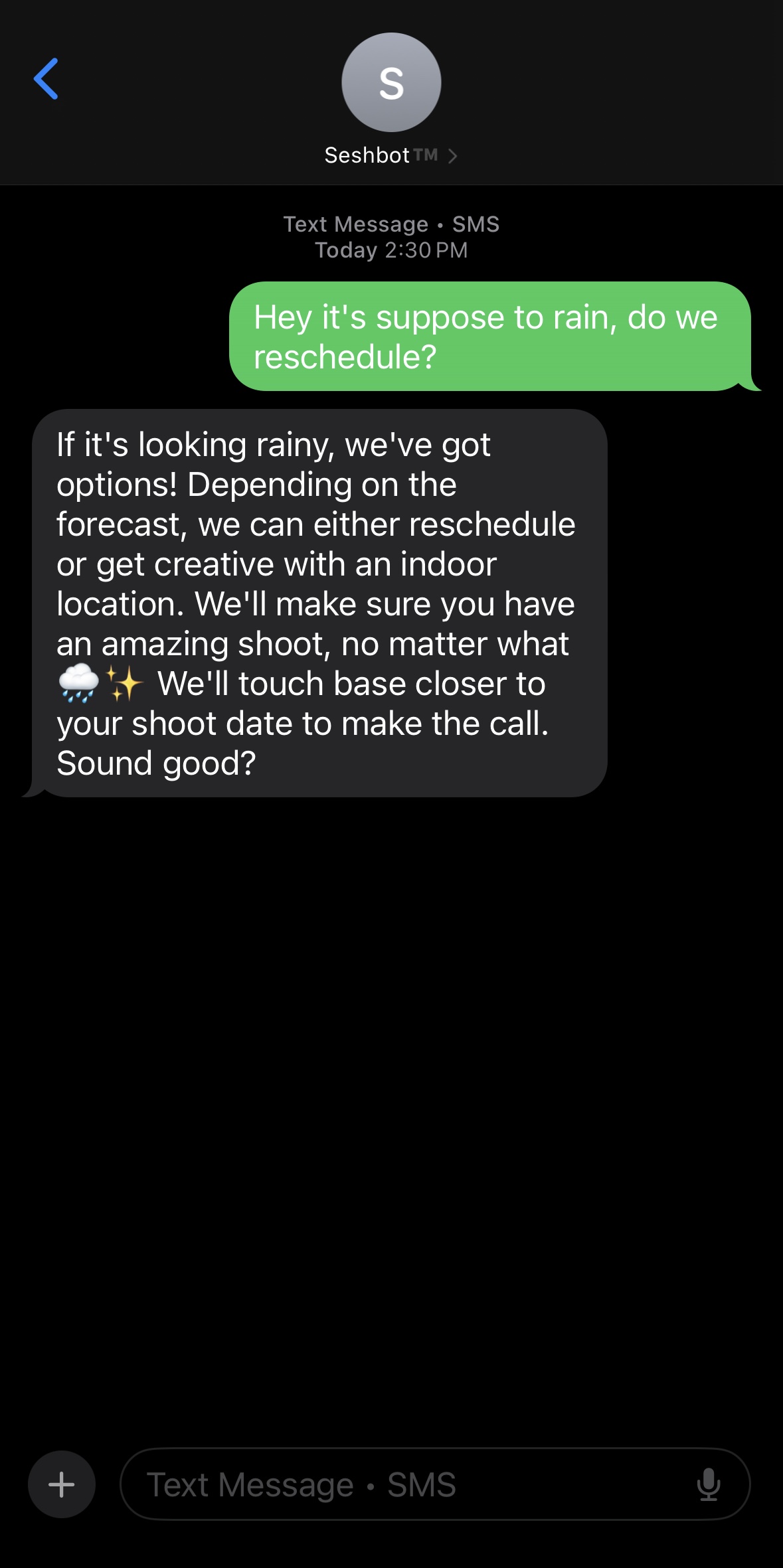 SeshBot handling a rain reschedule over SMS